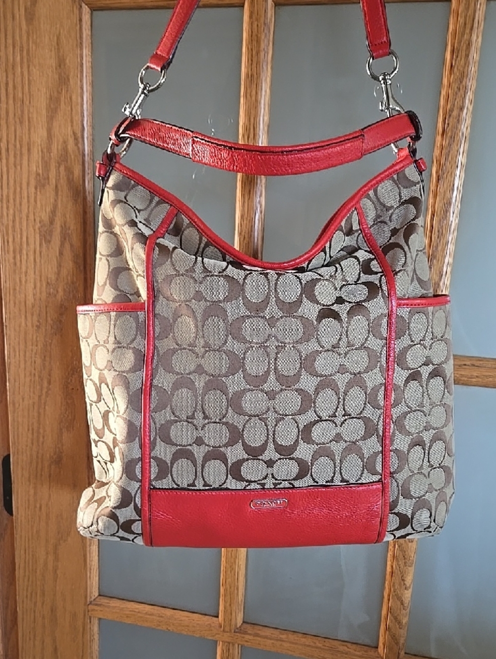 Coach F30341 Park Colorblock Leather Hobo Crossbody Bag Purse Red Orange Tan - Picture 14 of 15